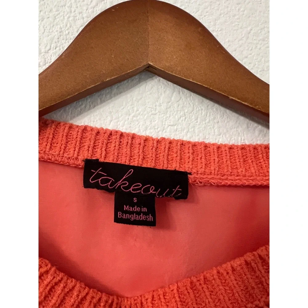 Takeout Knit Crochet Open Weave Short Sleeve Coral Top‎